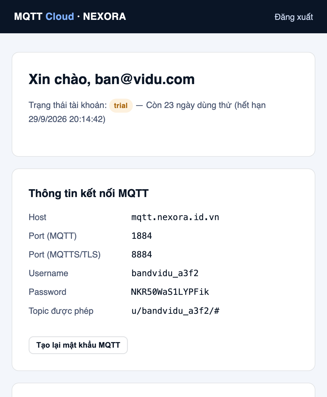 Màn hình Portal quản lý tài khoản MQTT