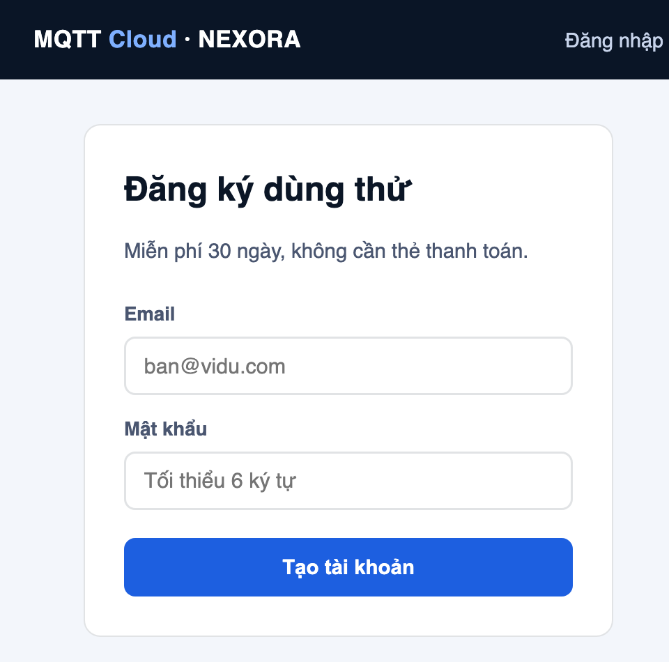 Màn hình đăng ký tài khoản MQTT Cloud
